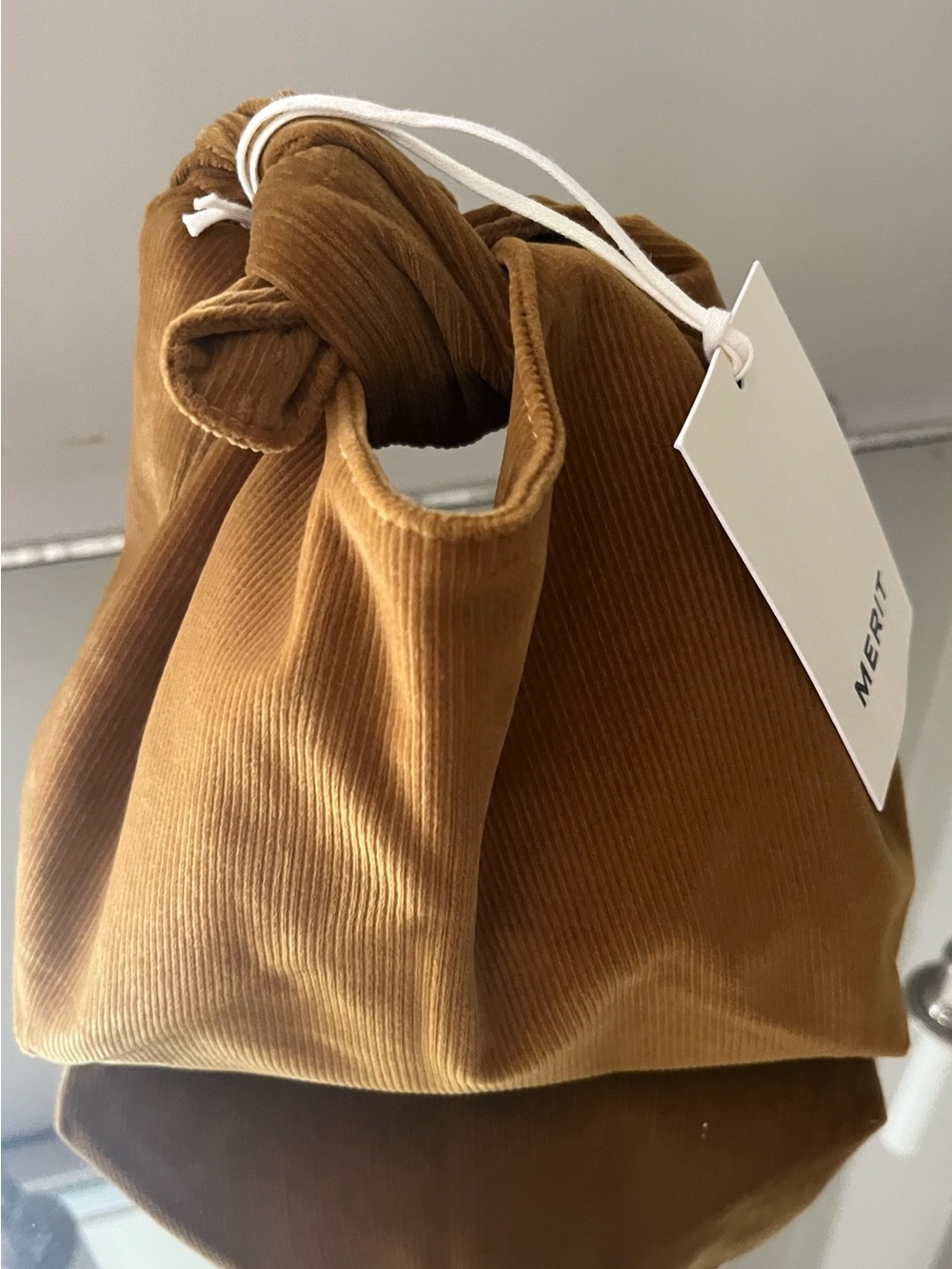 Knotted Corduroy Drawstring Pouch Clutch — Camel Brown